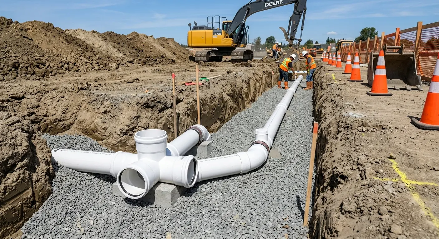 New PVC sewer pipe installation in open trench for Sewer Backup in Prescott Valley