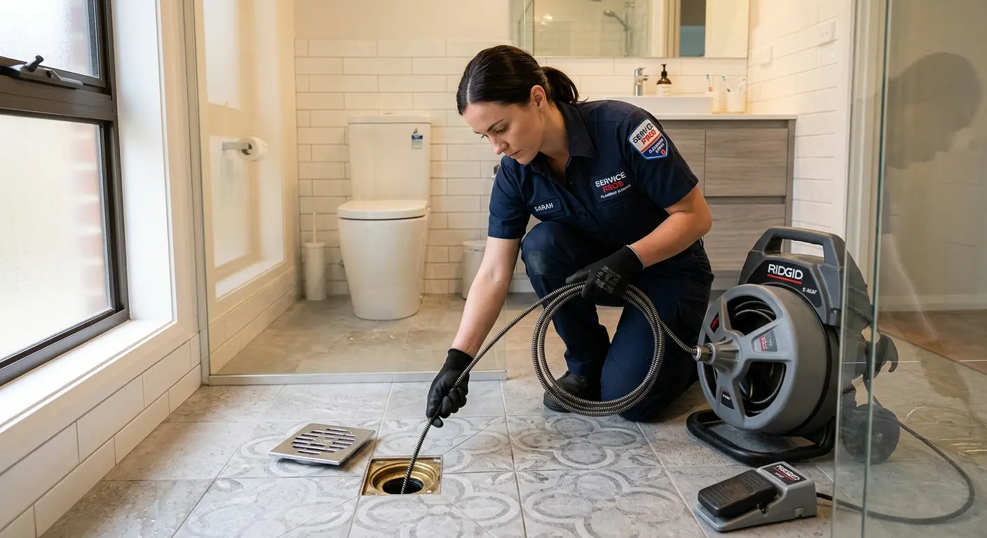 Technician clearing a bathroom floor drain for Hydro Jetting in Prescott Valley